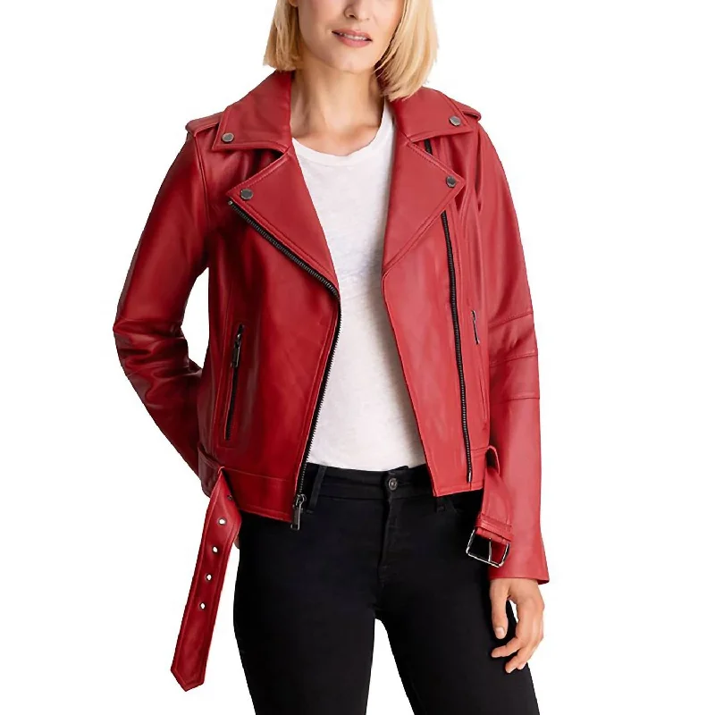 Women's High-Fashion Outfit Moto Belted Zip Up Leather Jacket In Scarlet