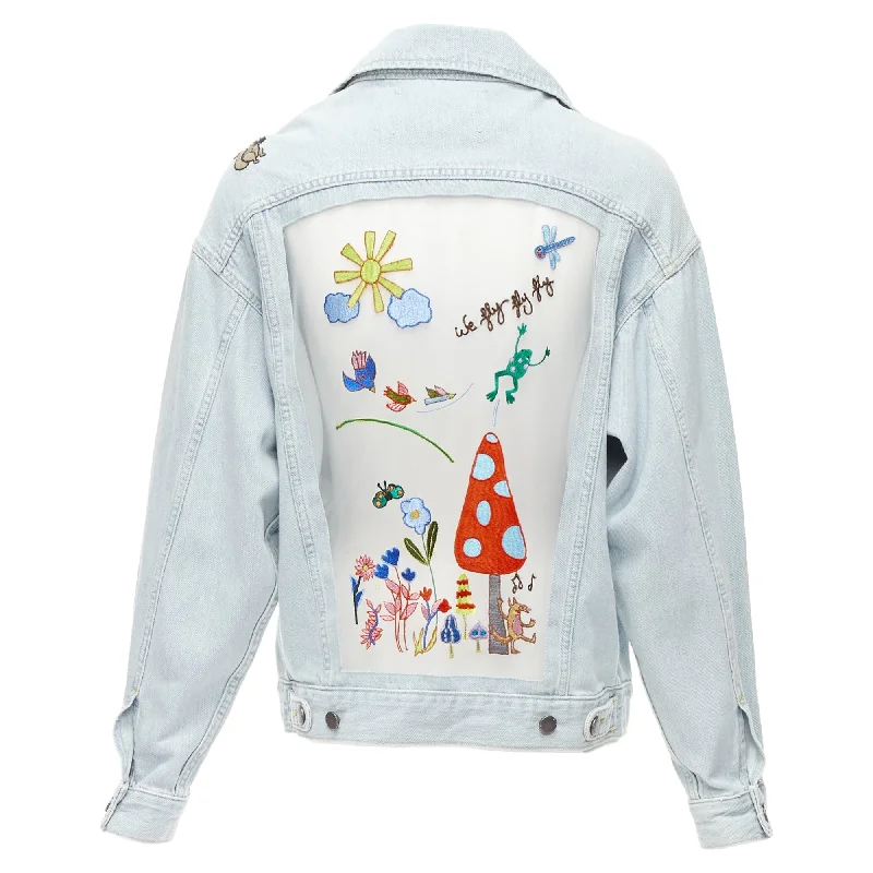 Vintage Clothing For Women Mira Mikati Washed Denim Sheer Embroidery Oversized Jacket