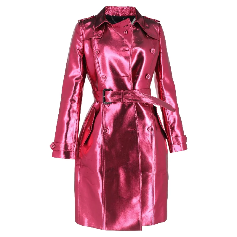 Women's Holiday Apparel Burberry Belted Double-Breasted Trench Coat in Metallic Pink Acetate