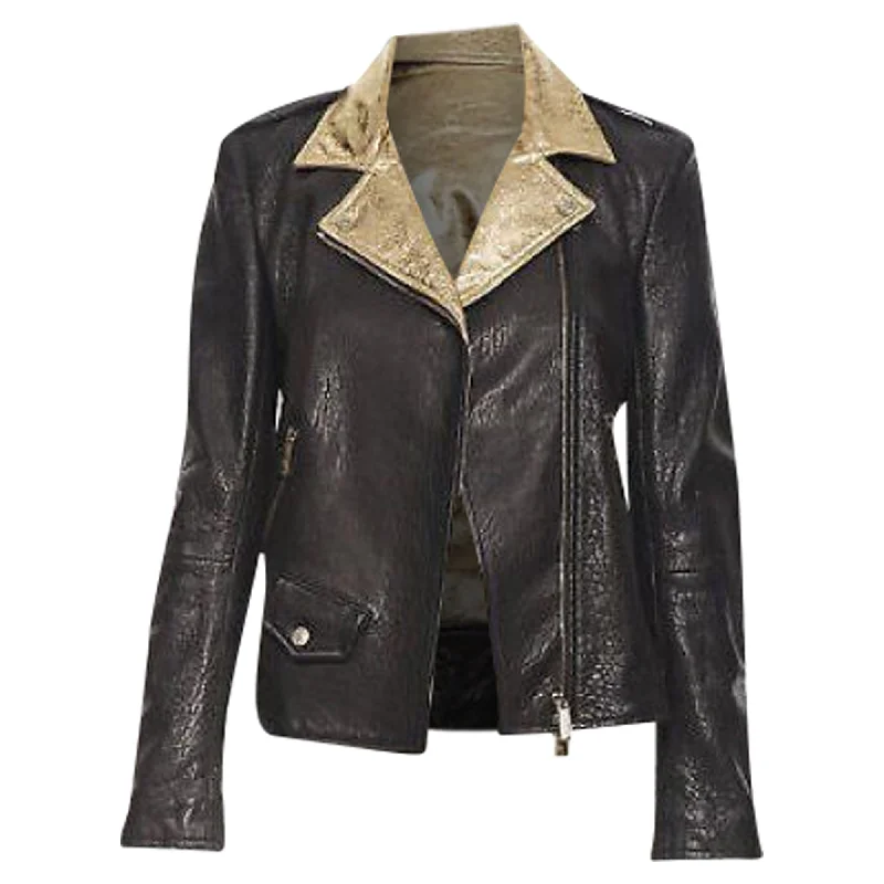 Women's Trendy Apparel Faith Connexion pebble leather metallic back moto biker jacket