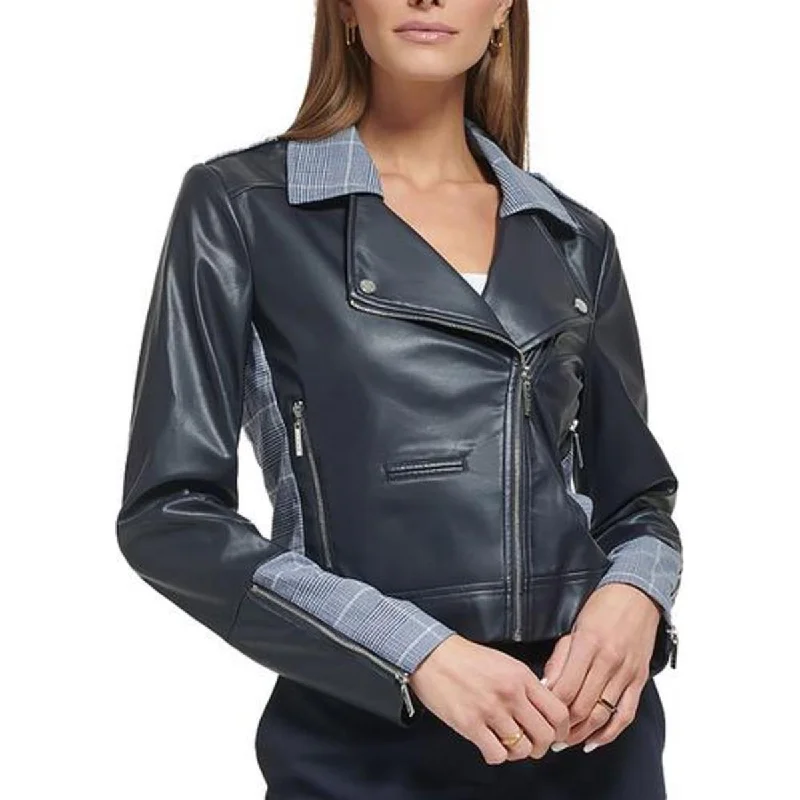 Affordable Elegance – Shop Premium Fashion Now Womens Plaid Trim Long Sleeve Motorcycle Jacket