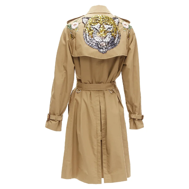 Affordable Women's Clothes Gucci sequins tiger flower embroidery belted trench coat