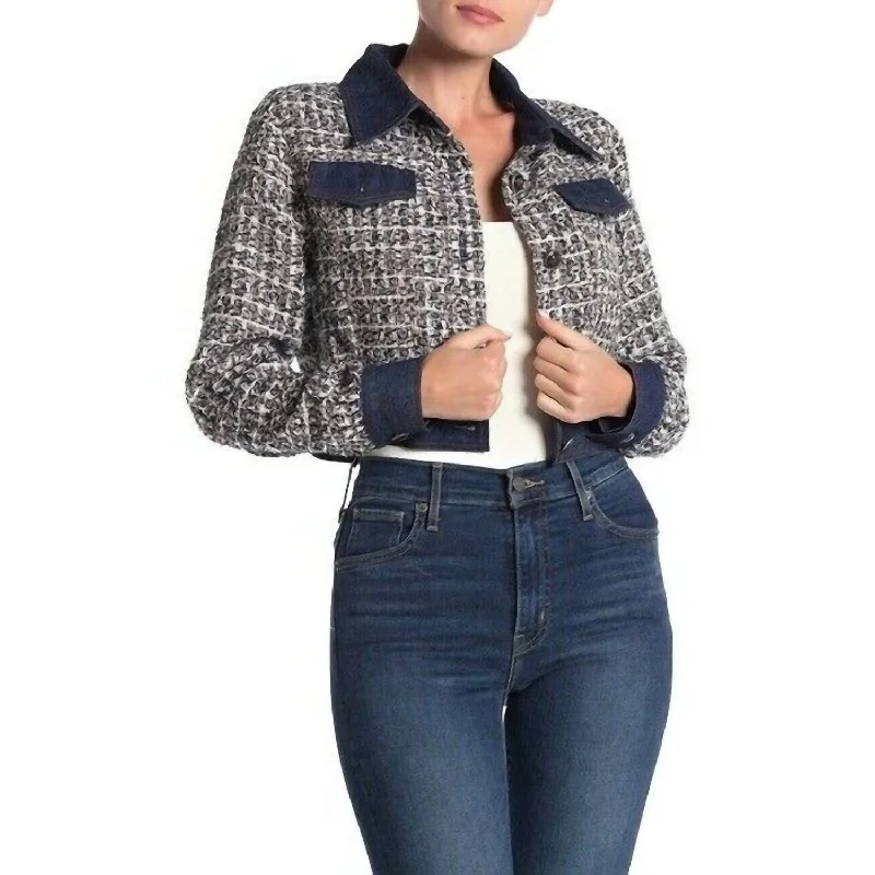 Women's Clothing For Casual Outings Tweed Glitter Contrast Denim Crop Jacket In Blue