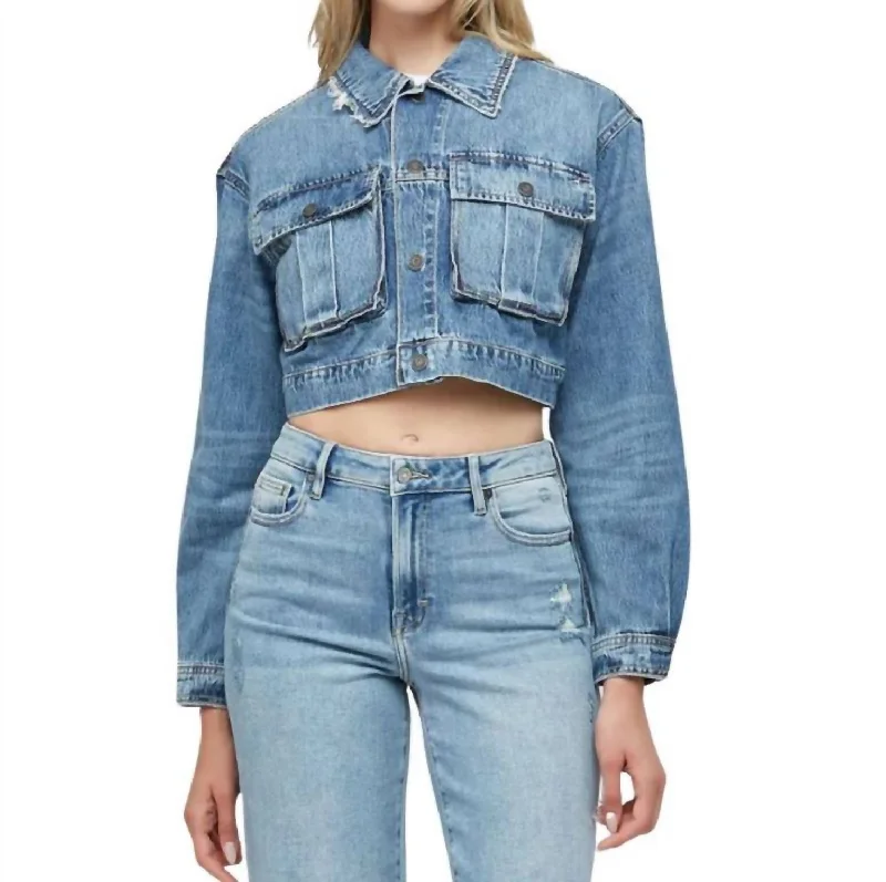 Vintage-Inspired Women's Clothes Cropped Cargo Jacket In Medium Blue