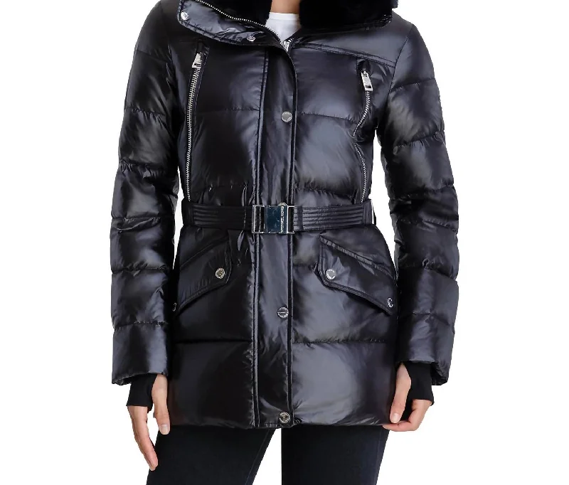 Women's Elegant Formal Outfit Belted Faux Fur Collar Quilted Coat Jacket In Black