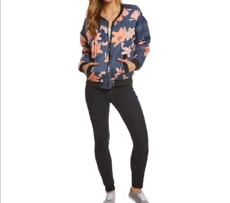 Stylish Women's Clothing Floral Print Bomber Zip Up Puff Jacket In Blue, Pink