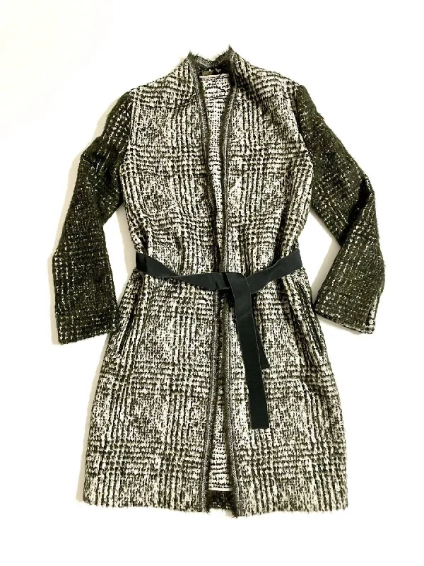 Women's Casual Wear Outfit Women's Wool Belted Open Front Coat In Green/white