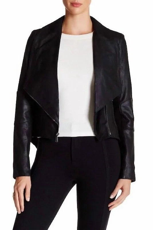 Women's Night-Out Outfit Lamb Suede Leather Drape Tail Collar Jacket In Black