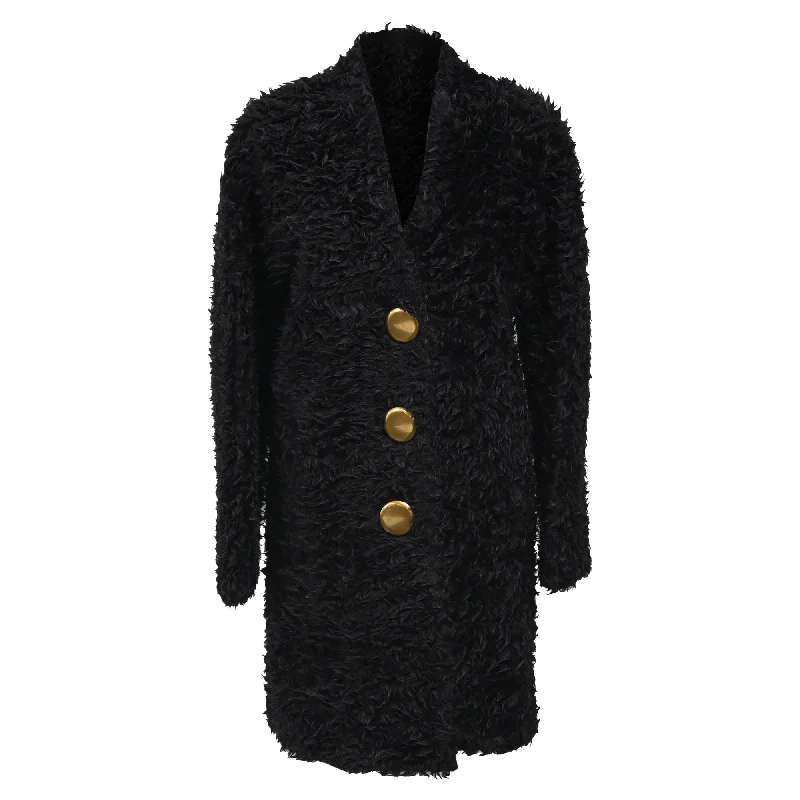 Women's Romantic Outfit Balenciaga Runway Long Gold Buttoned Coat in Black Mohair