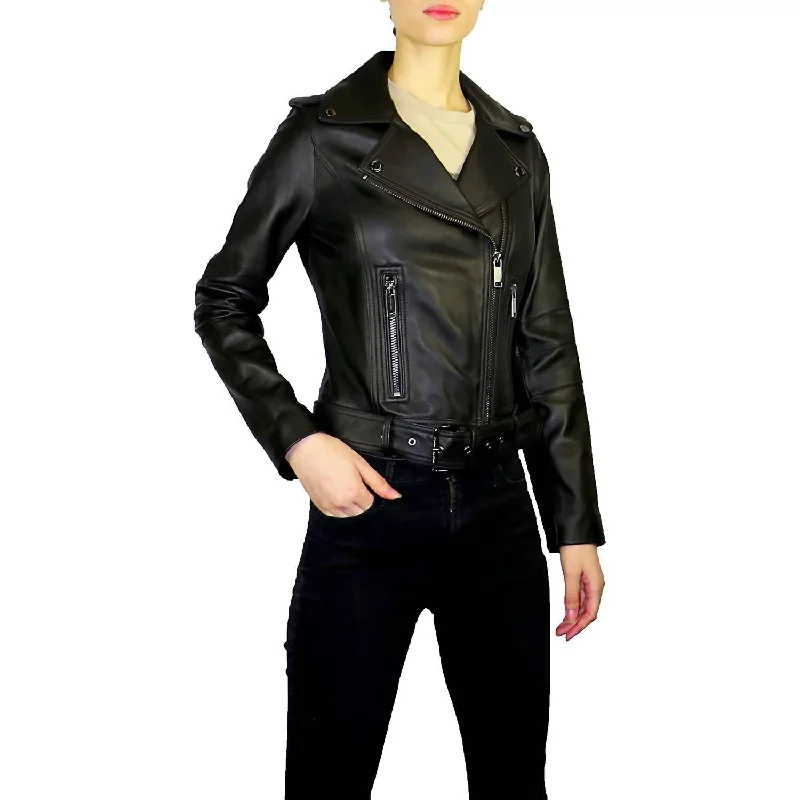 Women's Cozy Outfit For Lounging Outerwear Asymmetrical Zip Belted Short Leather Jacket In Black