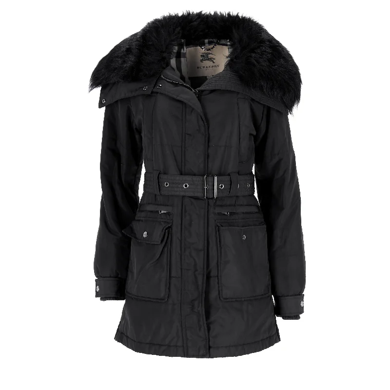 Seasonal Clearance Sale – Big Savings On Trendy Looks Burberry London Fur Trim Belted Trench Coat in Black Polyamide