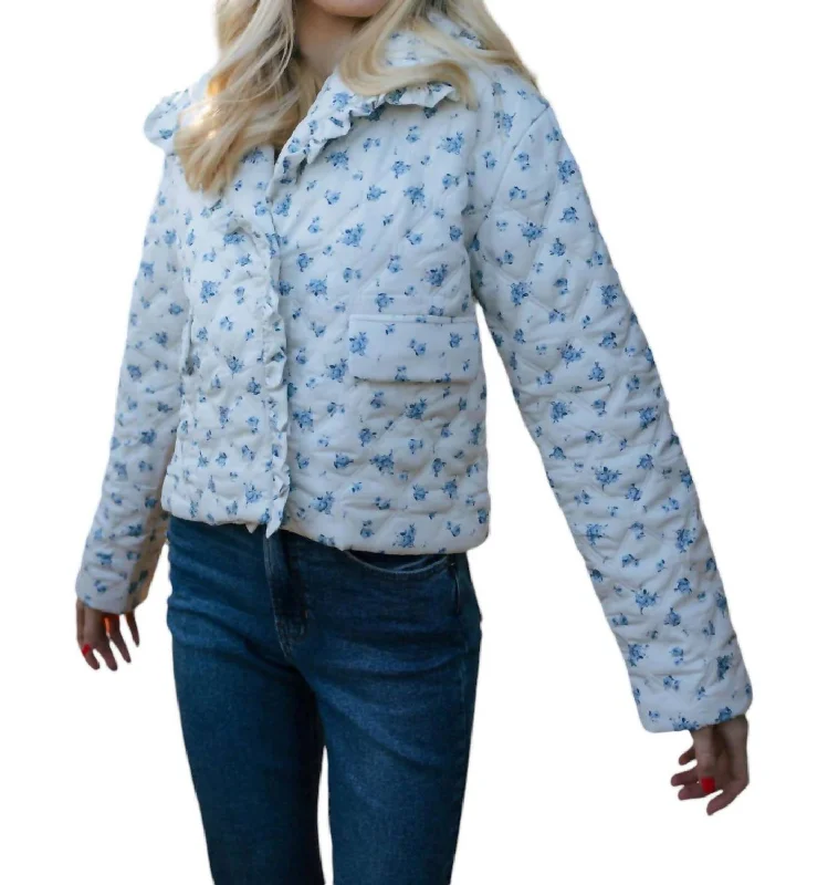 Affordable Luxury Women's Apparel Ruffle Floral Jacket In Ivory/blue