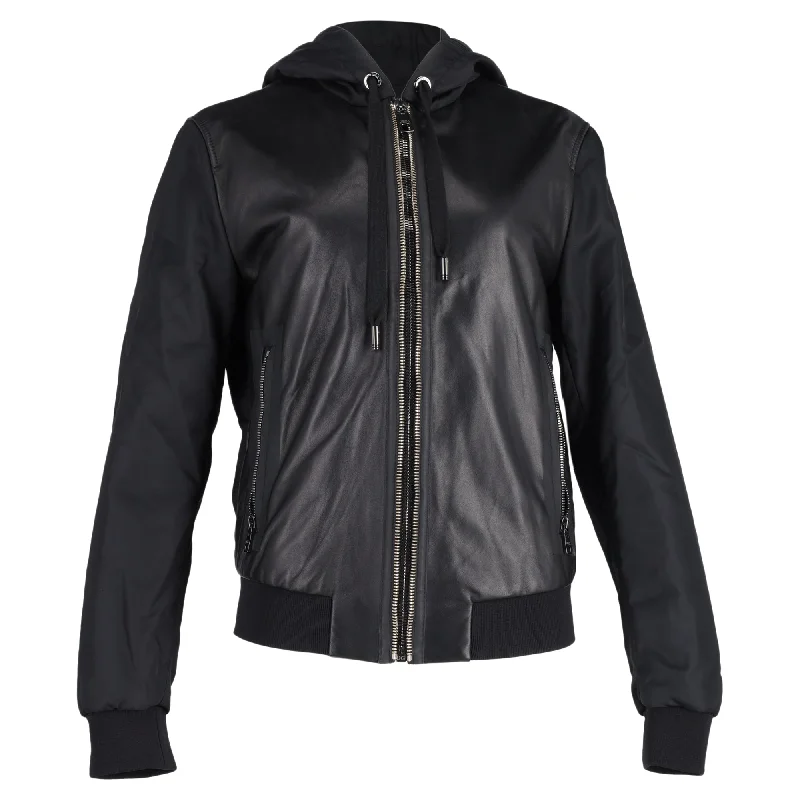 Women's Trendy Activewear Apparel Dolce & Gabbana Zipped Hooded Jacket in Black Leather