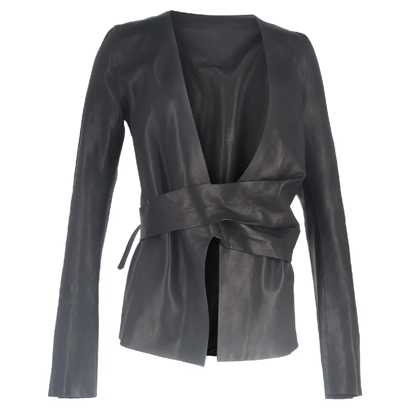 Women's Elegant Evening Outfit Rick Owens Wrap Jacket in Black Leather