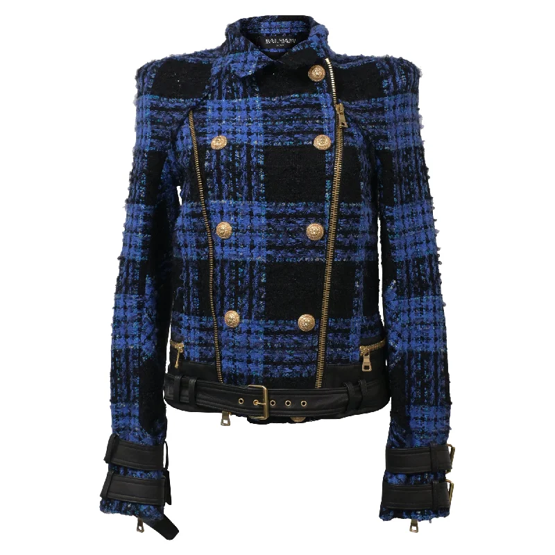 Modern Women's Outfit Balmain Tweed Biker Jacket in Blue Wool