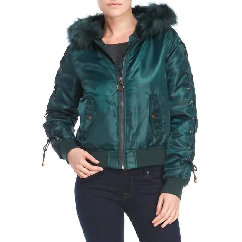 Elegant Women's Evening Garments Puffer Winter Crop Faux Fur Lace Up Jacket In Green