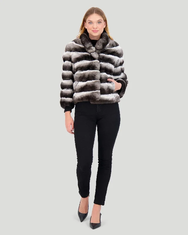 Women's Holiday Outfit Horizontal Chinchilla Jacket, 3/4 Sleeves