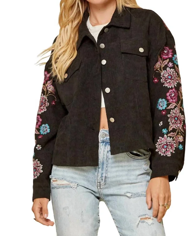 Affordable Women's Garments Embroidered Corduroy Jacket In Black