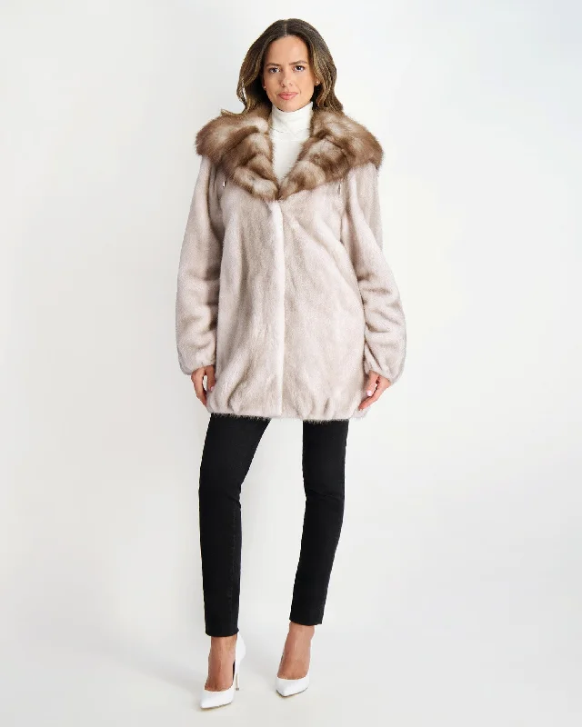 Women's Vintage-Inspired Outfit Mink Jacket with Stone Marten Hood