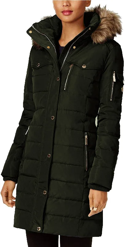 Women's Work Outfit For The Office Down Fill Faux Fur Hood 3/4 Puffer Coat In Dark Moss