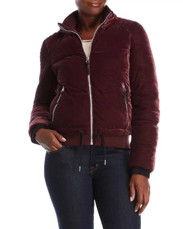 Women's Holiday Clothing Quilted Velvet Bomber Puffer Jacket In Red