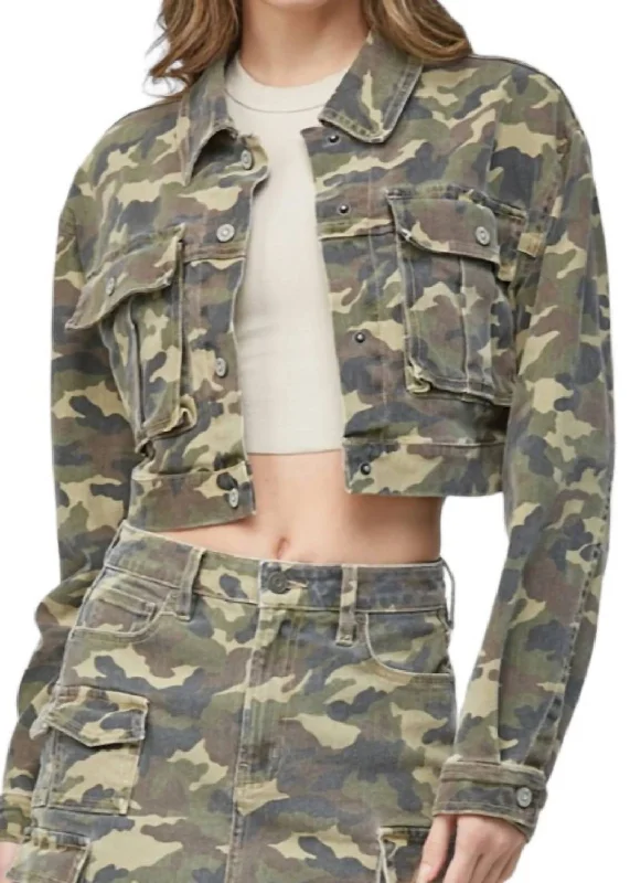 Women's Occasion Wear Clothes Camo Cropped Cargo Jacket In Camouflage