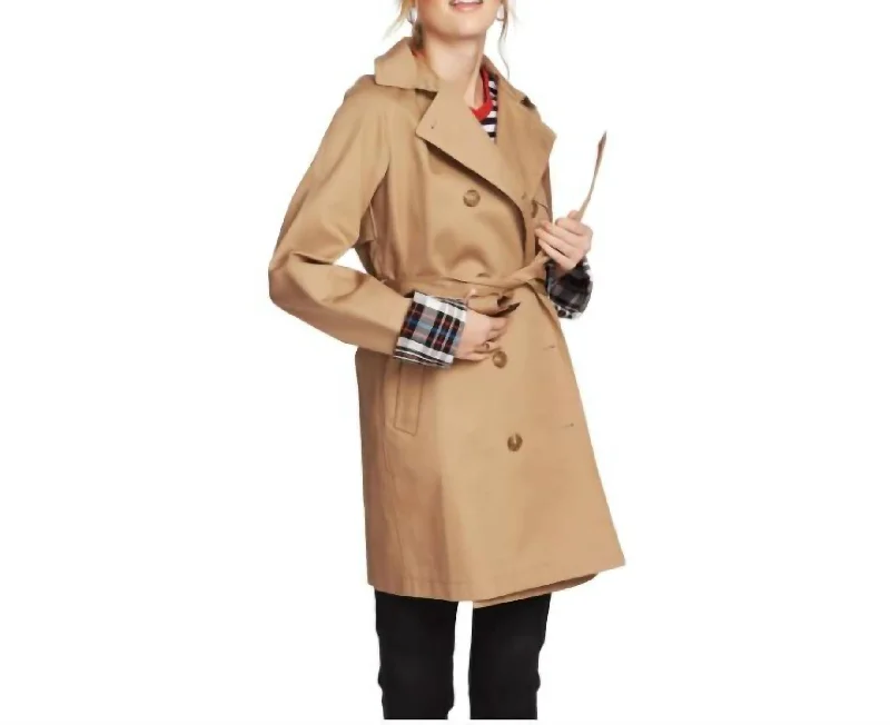 Casual Garments For Women Plaid Lined Double Breasted Trench Coat In Tan