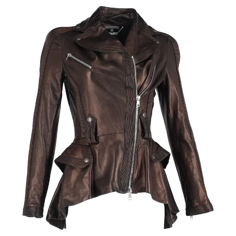 Affordable Women's Outfit Alexander Mcqueen Peplum Biker Jacket in Brown Leather