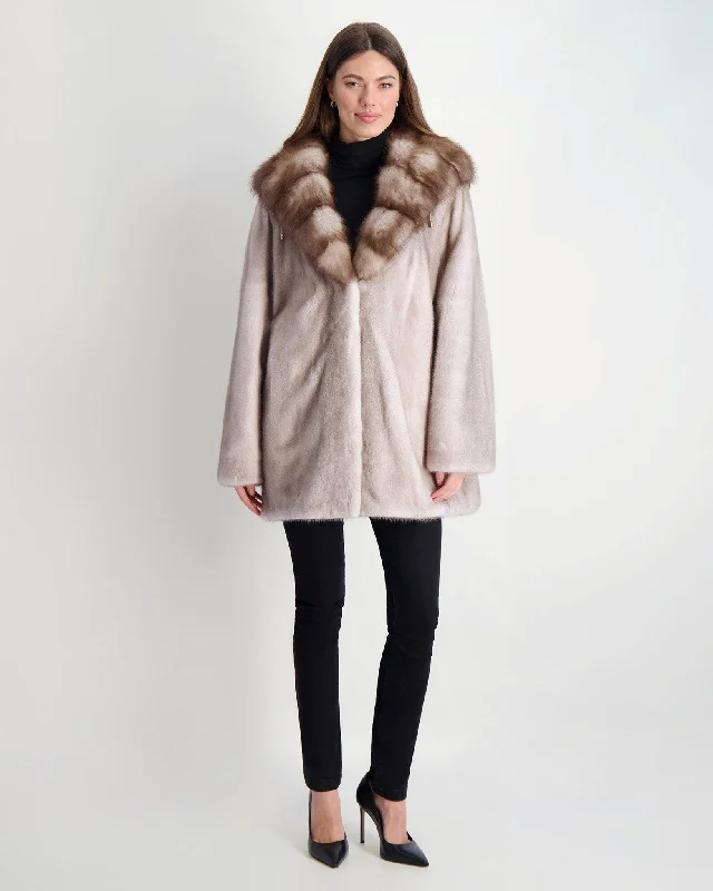 Women's Elegant Clothing Sets Mink Jacket with Stone Marten Hood Trim