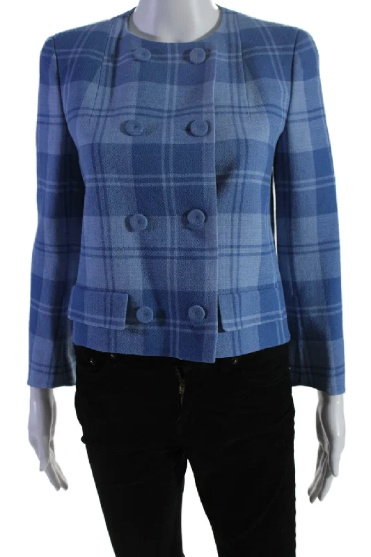 Women's Chic Outfit Akris Womens Long Sleeve Double Breasted Crew Neck Plaid Jacket Blue Wool