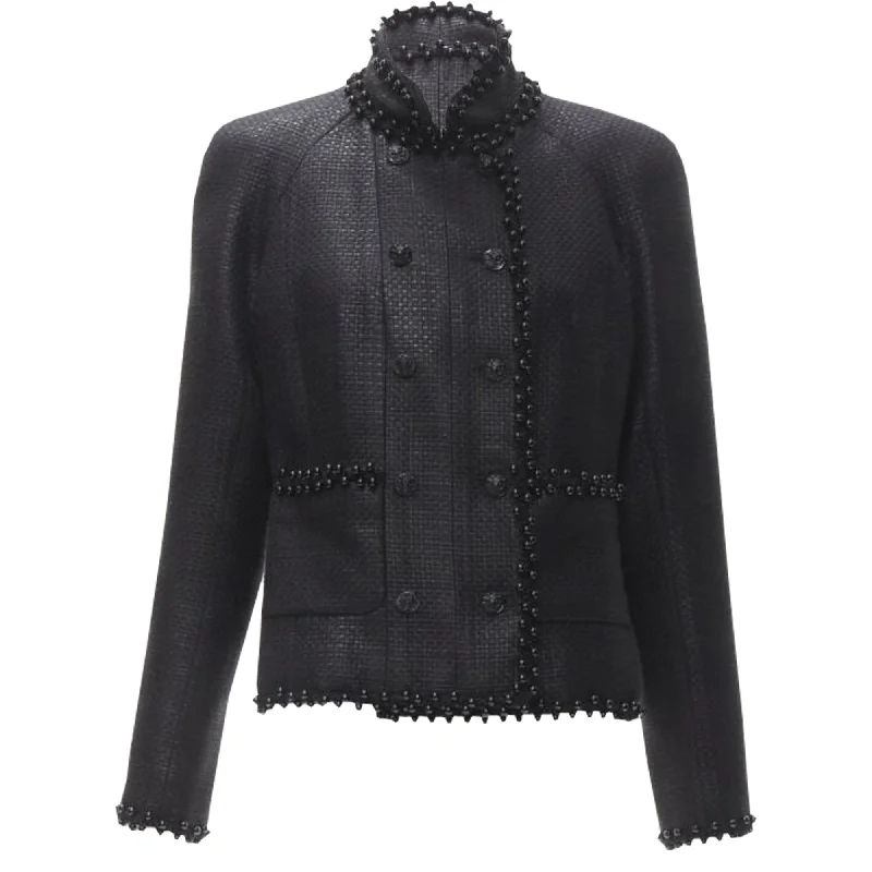 Final Call – Shop Elegant And Casual Fashion For Less Chanel lattice lacquer tweed bead embellished Lion button jacket