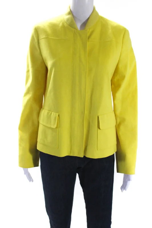 Women's Outfit For The Office Akris Punto Womens Front ZIp Ribbed Crew Neck Light Jacket Yellow Wool