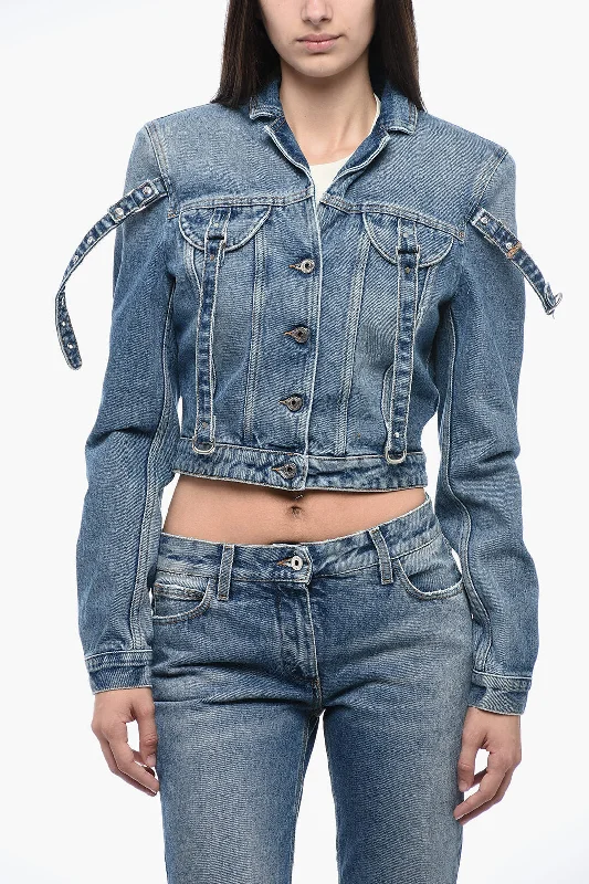 Women's Seasonal Wardrobe Clothing Off-White Crop Denim Jacket With Buckles Detail