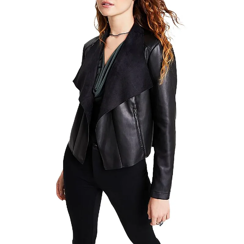 Women's Fashion-Forward Apparel Petites Womens Collared Long Sleeve Leather Jacket