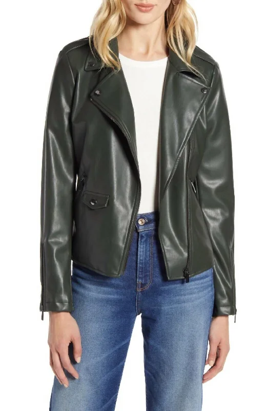 Women's Tops And Clothing Faux Leather Motorcycle Biker Moto Jacket In Dark Green