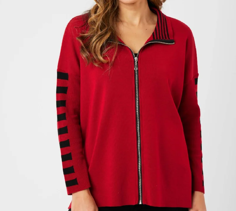 Women's Casual Wear Clothes Stripe Sleeve Zip Jacket In Red/black