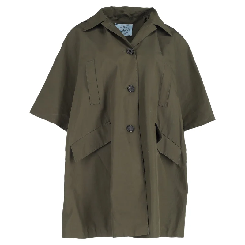 Women's Seasonal Garments Prada Buttoned Hooded Short Sleeve Parka Jacket in Olive Cotton