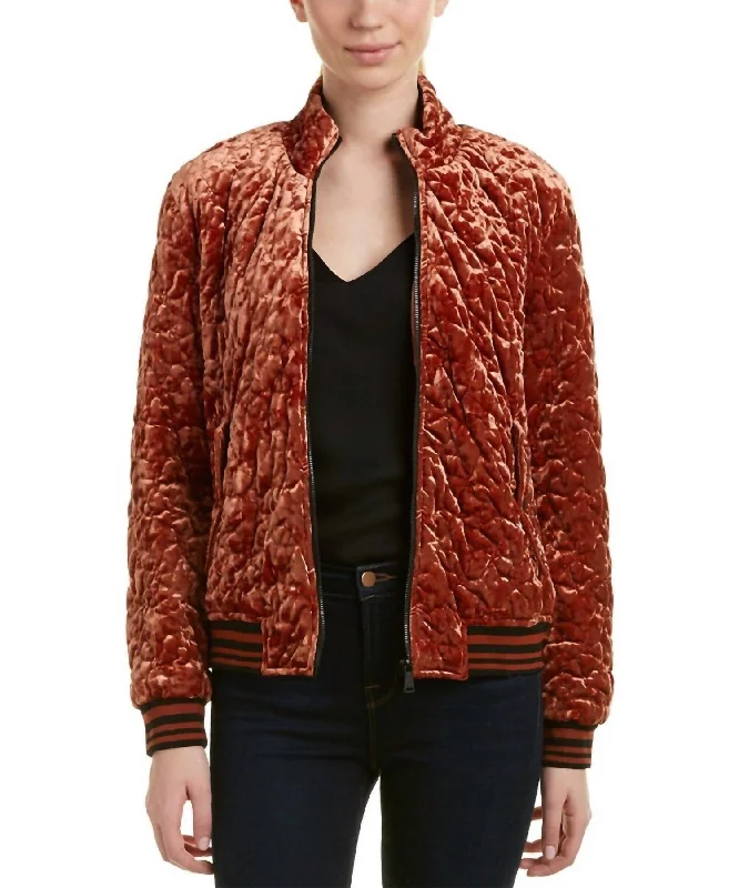 Fashionable Women's Clothes Quilted Velvet Bomber Jacket In Brown