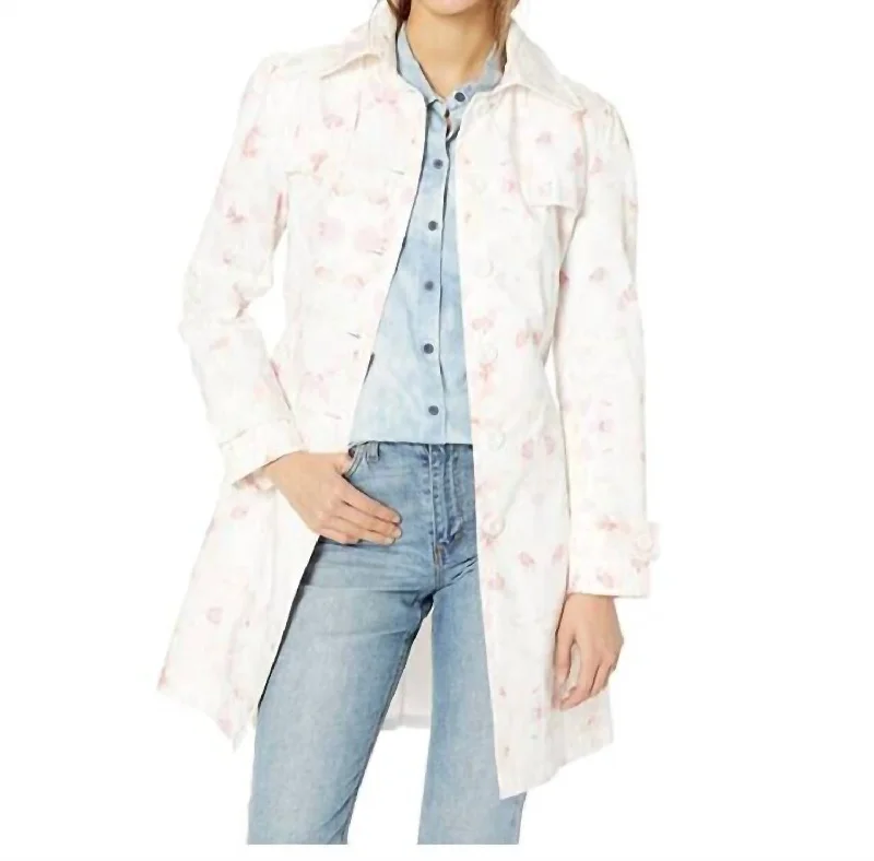 Women's Everyday Clothes Floral Print Spring Poplin Trench Coat In Pink, White