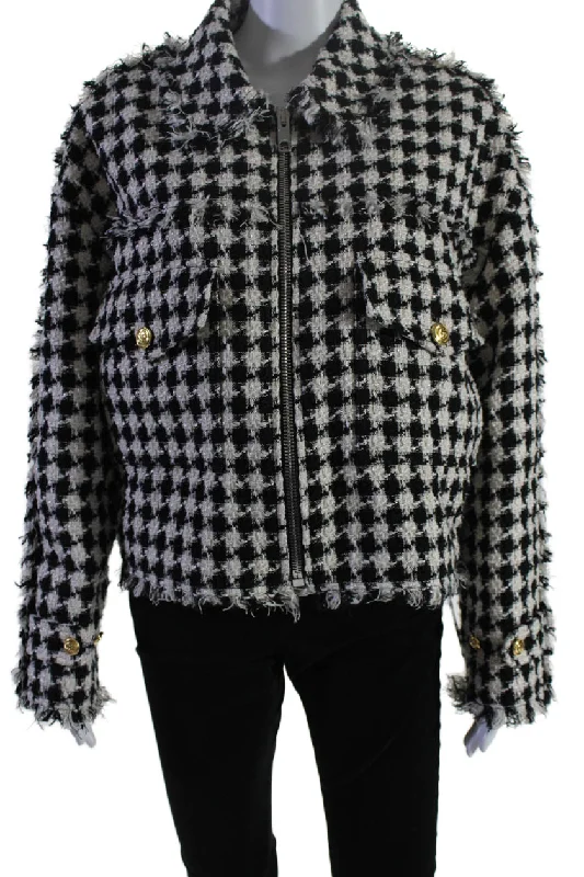 Stylish Clothes For Women Gucci Womens Front Zip GG Pocket Fringe Plaid Knit Jacket Black White