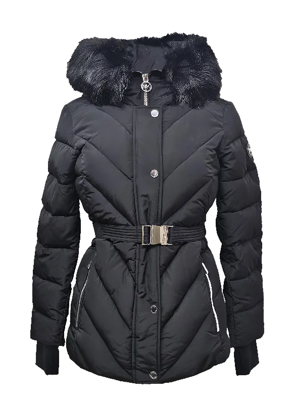 Stylish Women's Garments Michael Kors Women's Belted Chevron Scuba Coat w/Faux Fur, Black