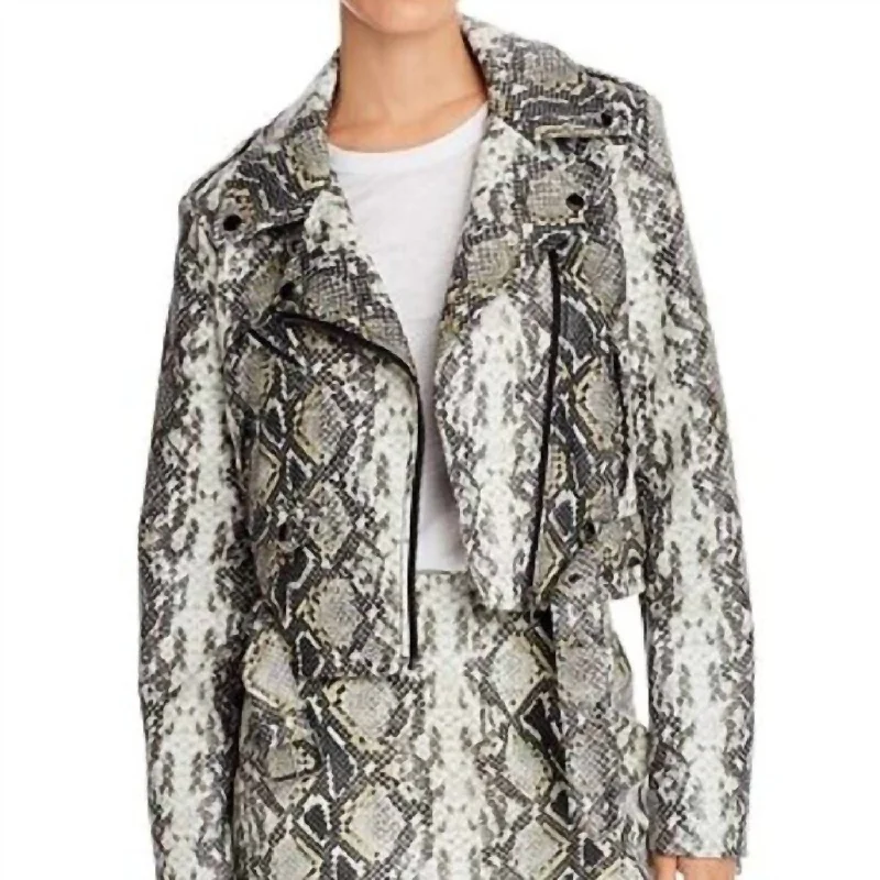 Women's Casual Apparel For Weekends Snake Print Faux Leather Moto Jacket In Gray/black