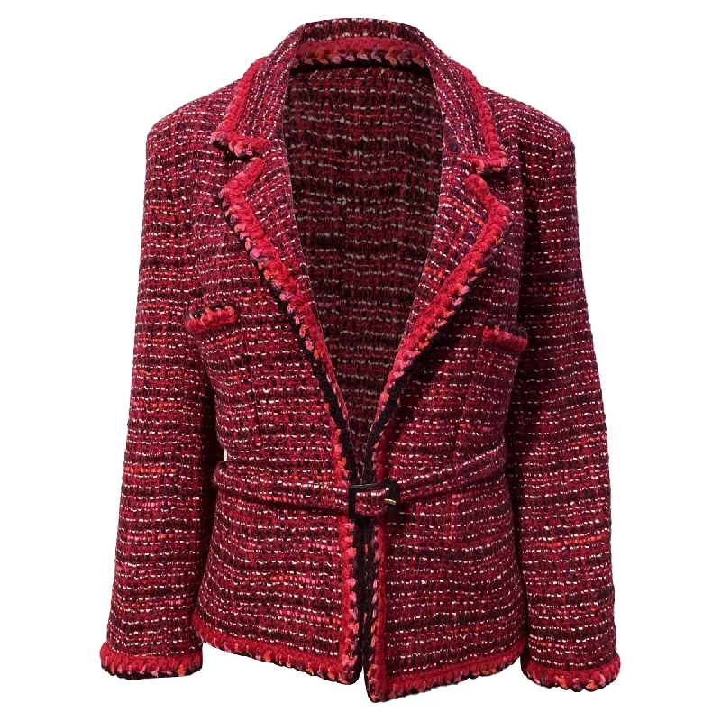 Women's Effortless Casual Outfit Chanel Textured Belted Jacket in Red Wool