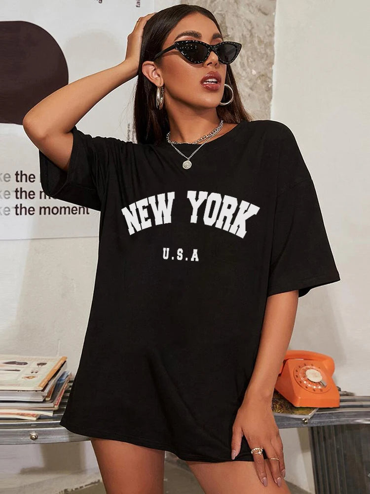 Women's Layered Outfit FZ Women's NEW YORK U.S.A Street Letter Style Printed Oversized Tee