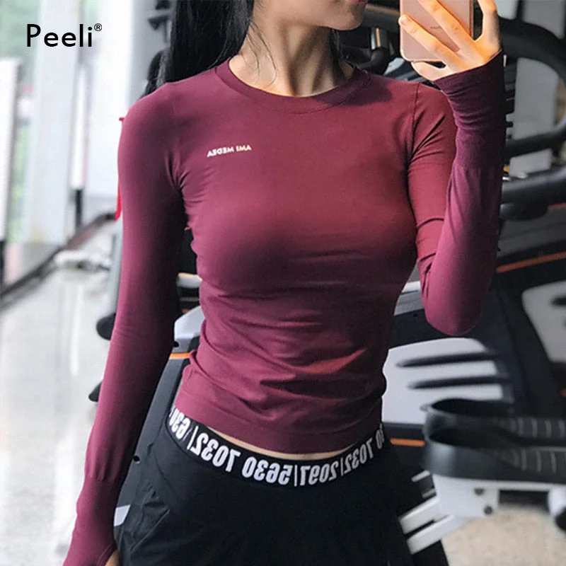 Women's Formal Event Attire Peeli Long Sleeve Yoga Shirts Sport Top Fitness Yoga Top Gym Top Sports Wear for Women Gym Femme Jersey Mujer Running T Shirt