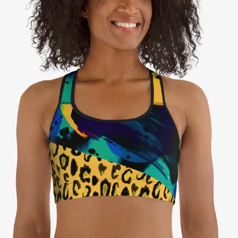 Women's High-Fashion Clothes Animal Printed Sports Bra "Wild Canvas" Blue/Yellow