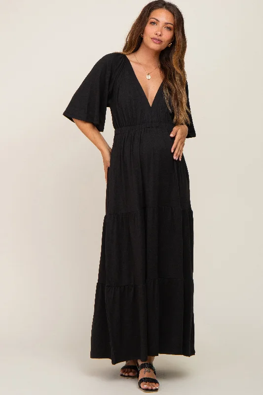 Women's Vacation Clothes Black Deep V-Neck Tiered Maternity Maxi Dress