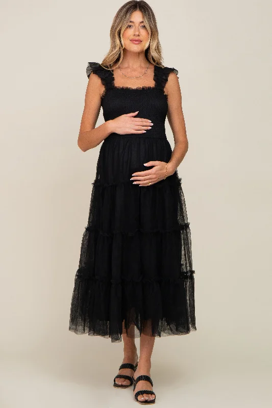 Stylish Women's Apparel Black Smocked Mesh Ruffle Accent Maternity Midi Dress