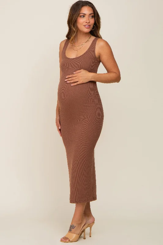 Women's Night-Out Clothes Brown Ribbed Basic Maternity Maxi Dress