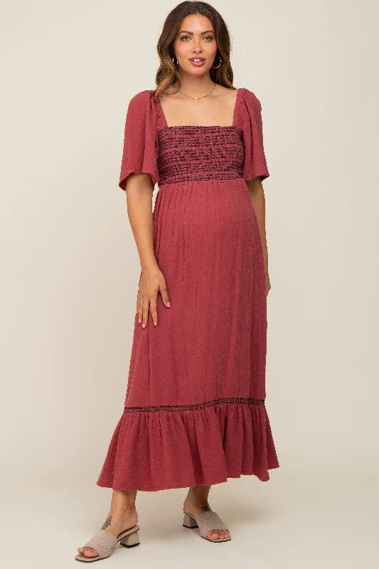 Women's Casual Apparel Burgundy Embroidered Smocked Square Neck Open Back Maternity Midi Dress